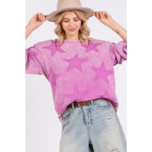 SAGE + FIG Mineral Wash Star Graphic Print Long Sleeves T-Shirt | Moonlit Mauve - Picture 5 of 7